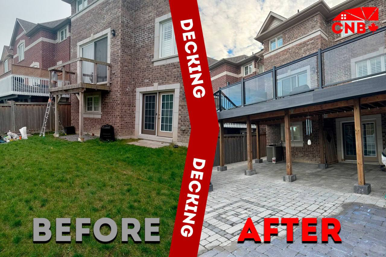 Before and after: bare backyard transformed into an elevated composite deck with glass railing and stone patio